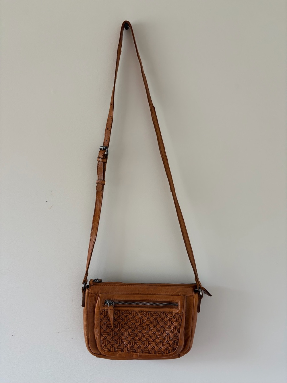 Woven Leather Crossbody Bag in Tan 7 x 10 strap drop at longest 22